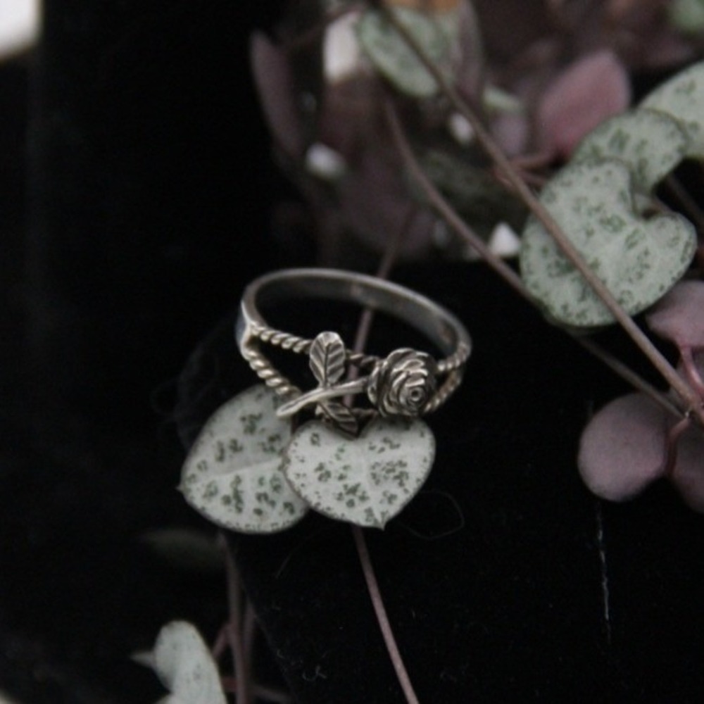 vtg Sterling Silver Rose Flower Ring Filigree Twisted Rope Band Size 7.5 925